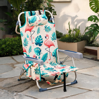 Chaise de plage inclinable réglable avec dossier à 5 positions, structure en aluminium, tissu polyester 600D, motif flamant rose, 63 x 65 x 82 cm