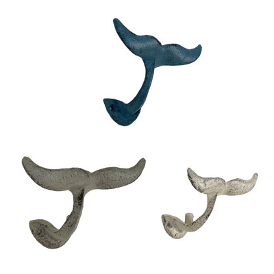 Ensemble de 3 crochets muraux en fonte à queue de baleine nautique - serviette, chapeau et porte-clés élégants et fonctionnels - crochets décoratifs rustiques de 5 pouces pour une maison à thème côtier