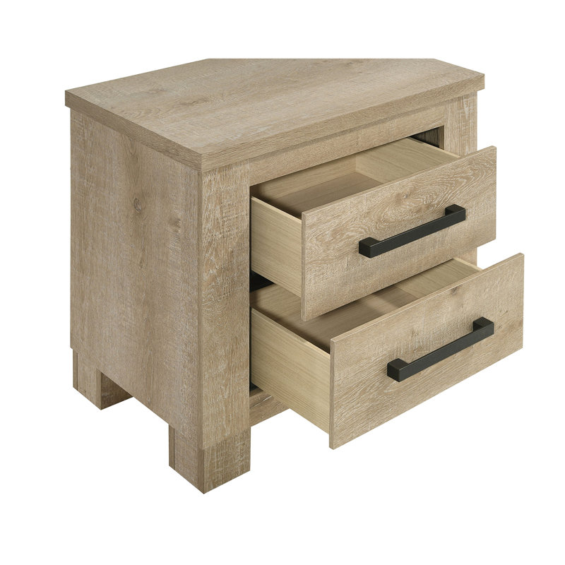 Table de chevet 2 tiroirs en bois avec poignées bronze foncé et chêne vieilli
