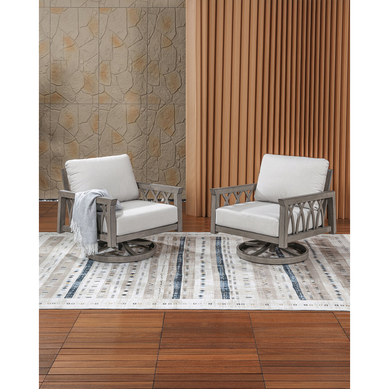Ensemble de 2 fauteuils pivotants d'extérieur avec structure en aluminium et coussins d'assise profonds, chaises longues pour terrasse, jardin et balcon, chêne blanchi