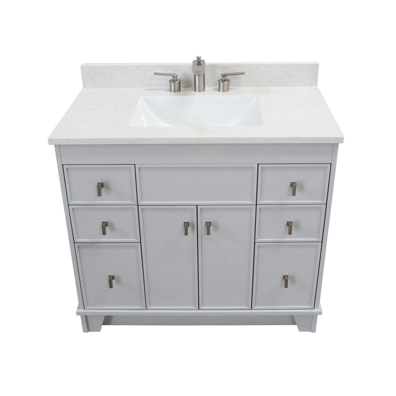 Meuble-lavabo simple 39 po avec plateau en quartz d'ingénierie Astred, Gris français, Nickel brossé