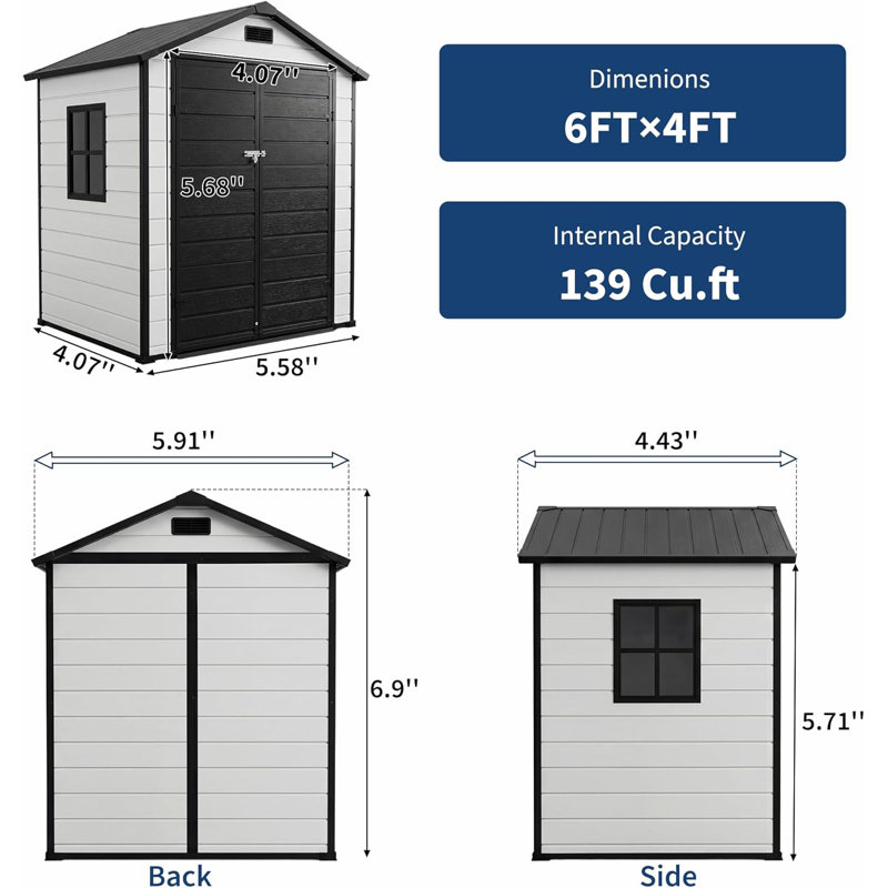 6x4 FT Plastic Resin Outdoor Storage Shed with Floor, Window, Sloping Roof and Lockable Door for Patio and Backyard Use