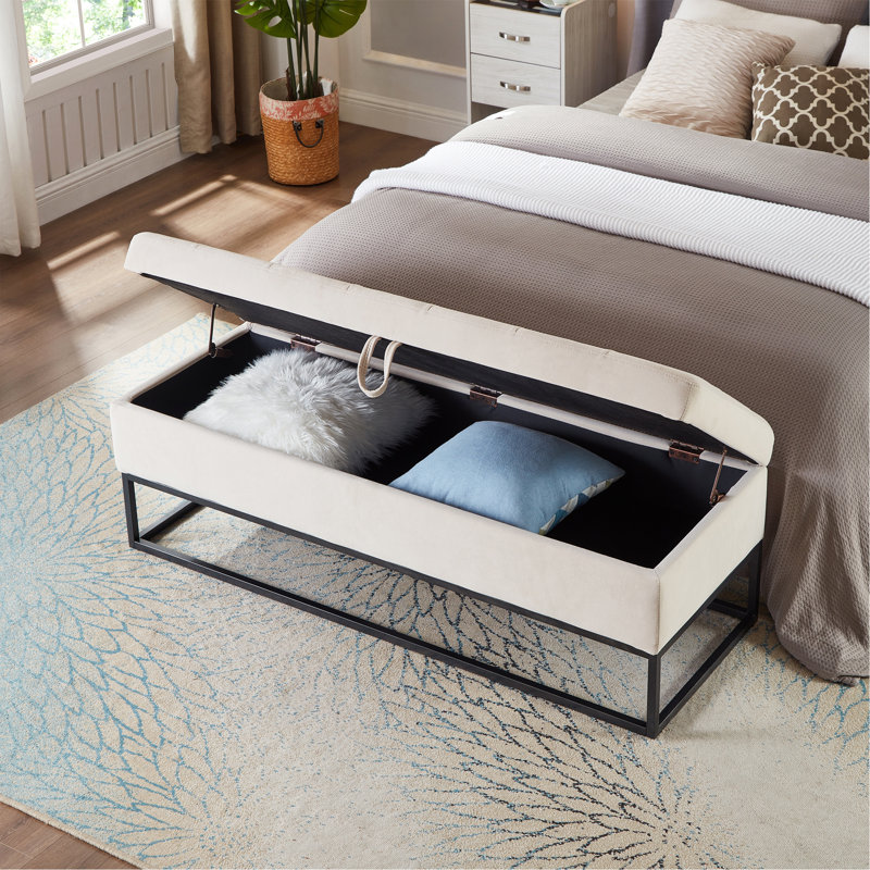 Base de lit en métal 58,6 po avec velours de rangement, Beige, Noir