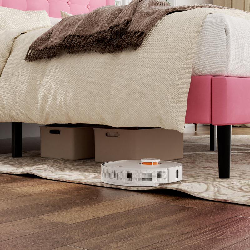 Sebria Bed Frame with Velvet Upholstered Square Design Headboard Platform Bed with Strong Wood Slats, King, Pink