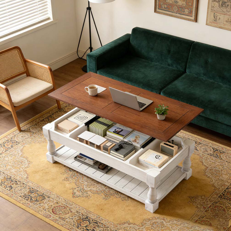 Retro Lift-Top Coffee Table with Storage, Antique Espresso, Antique White