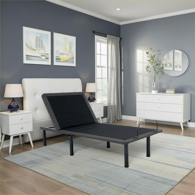 Structure de base de lit ajustable à profil bas, construction classique en métal noir, taille simple TG, assemblage rapide activé par la voix pour une utilisation dans la chambre à coucher