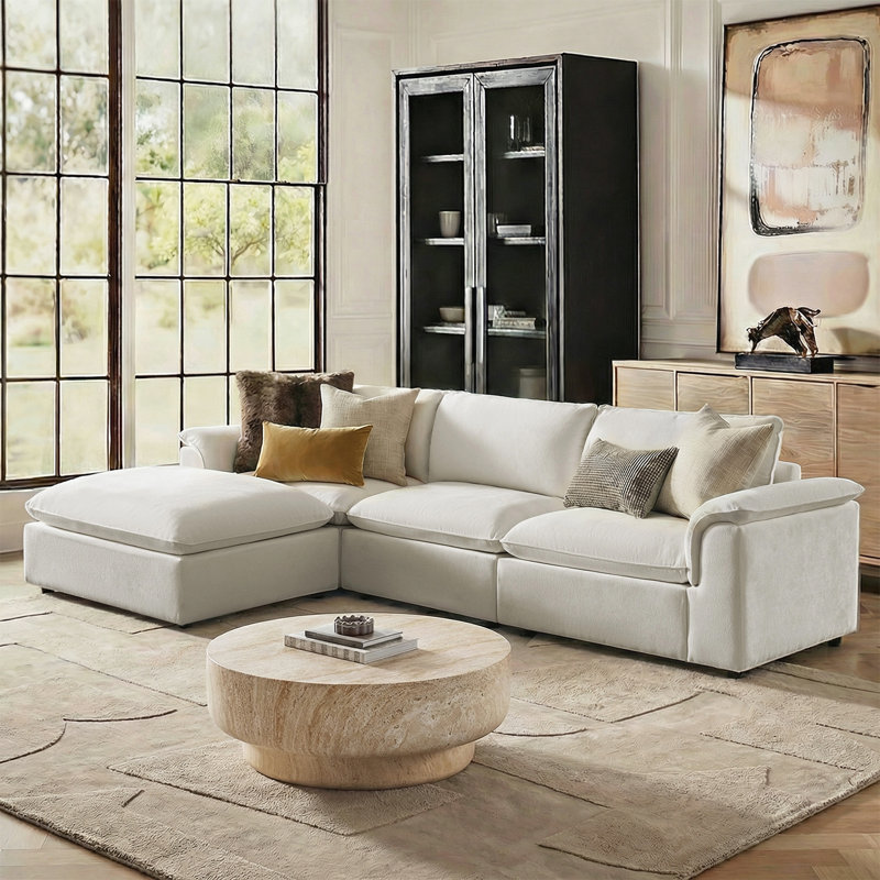 Cioffi Oversized L Shaped Modular Cloud Sectional Sofa with Removable Cushion Cover, 34.5" H x 122" W x 73" D, 3, Ivory