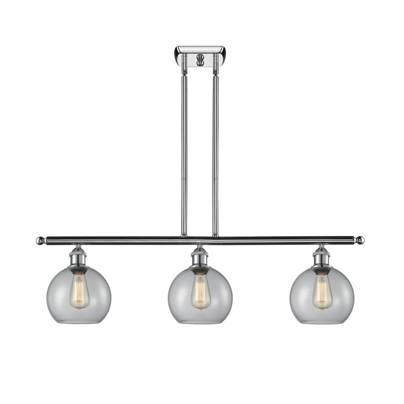 Luminaire suspendu linéaire à 3 lumières pour îlot de cuisine Baptista, Transparent, Ampoule DEL 6 watts rétro, Chrome poli