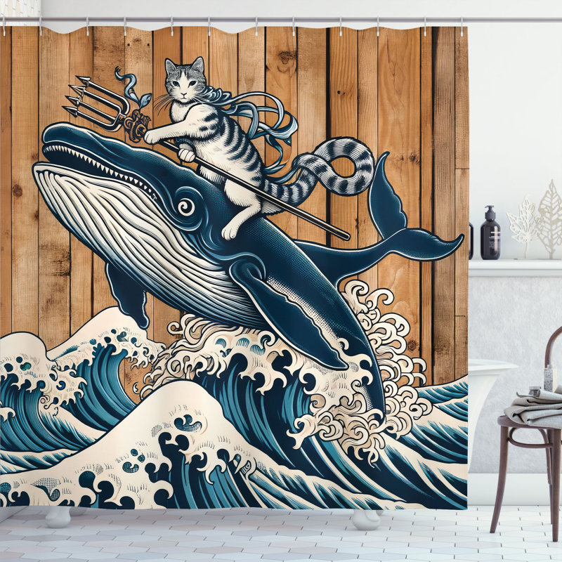 Nautical Pale Caramel and Petrol Blue Fabric Shower Curtain