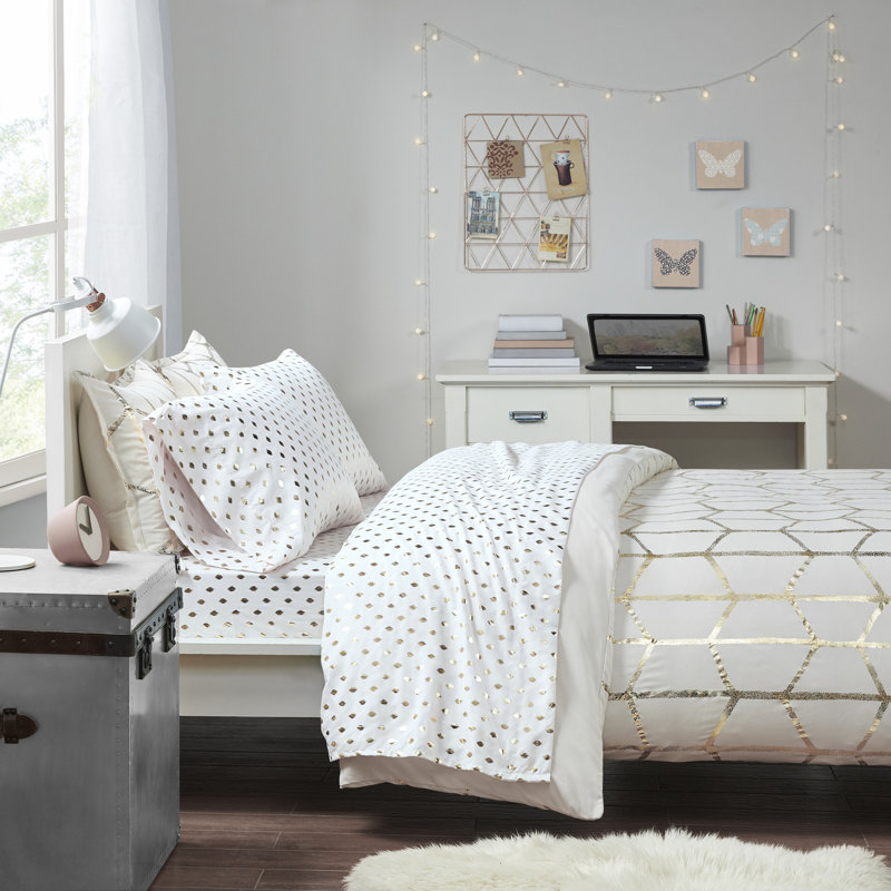 Metallic Polka Dot Printed Sheet Set, White/Gold, Queen Sheet Set + 1 Fitted Sheet + 2 Pillowcases