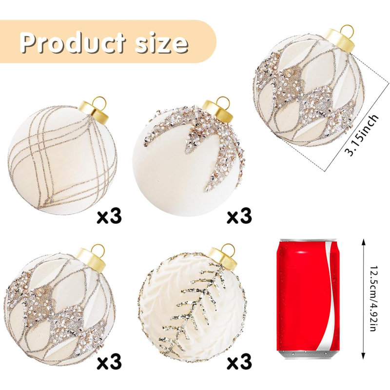 12 pièces de boules de Noël blanches - 4 styles de décoration d'arbre de Noël, H 9,65 po x l 12,87 po x P 3,31 po