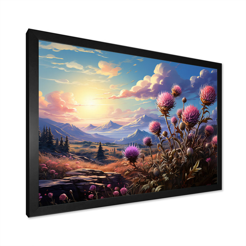 Purple Thistle Thought - Floral Wall Art Living Room, H 24 po x l 32 po x P 1 po, Cadre photo noir