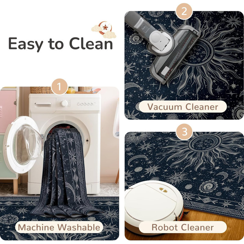 5X7 Area Rugs, Washable Vacuum-Friendly Non-Slip Rug Vintage Boho Sun And Moon Printed Pattern Low Pile Carpet For Living Room Bedroom Dining Room Hallway Entryway,Blue Gray White
