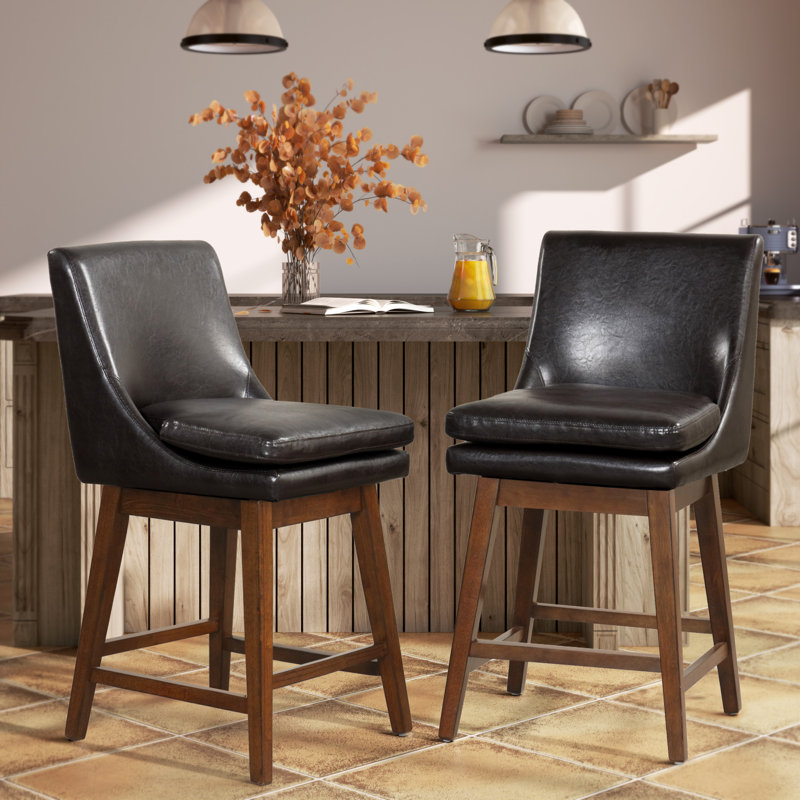 Tabourets de bar rembourrés avec siège rembourré et base en bois massif (ensemble de 2), Noir