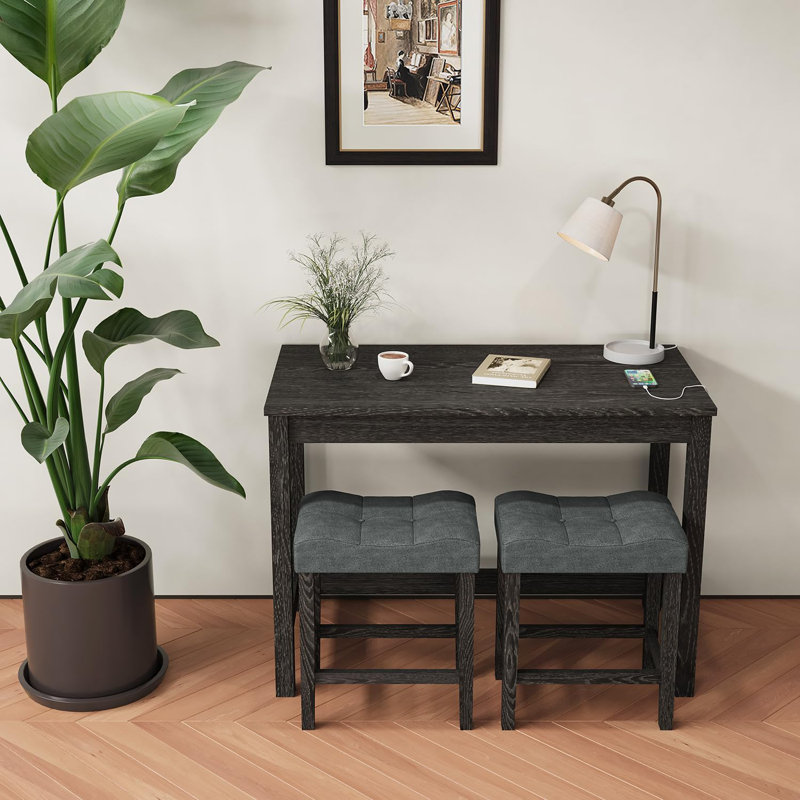 Shrivas Bar Table and Chairs Set, 3-Piece Dining Table Set for 2 with Built-in USB and Power Outlets, Counter Height Table and 2 Bar Stools Space Saving for Dining Room Living Room Small Kitchen