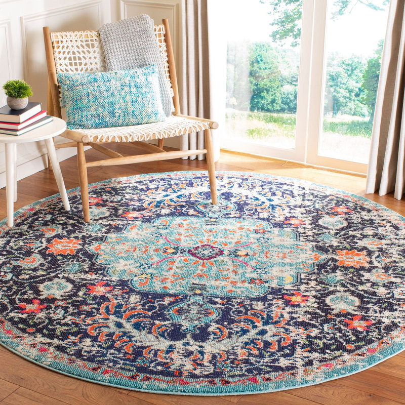 Felty Oriental Power Loom Polypropylene Area Rug in Black/Teal, Round 6'7"