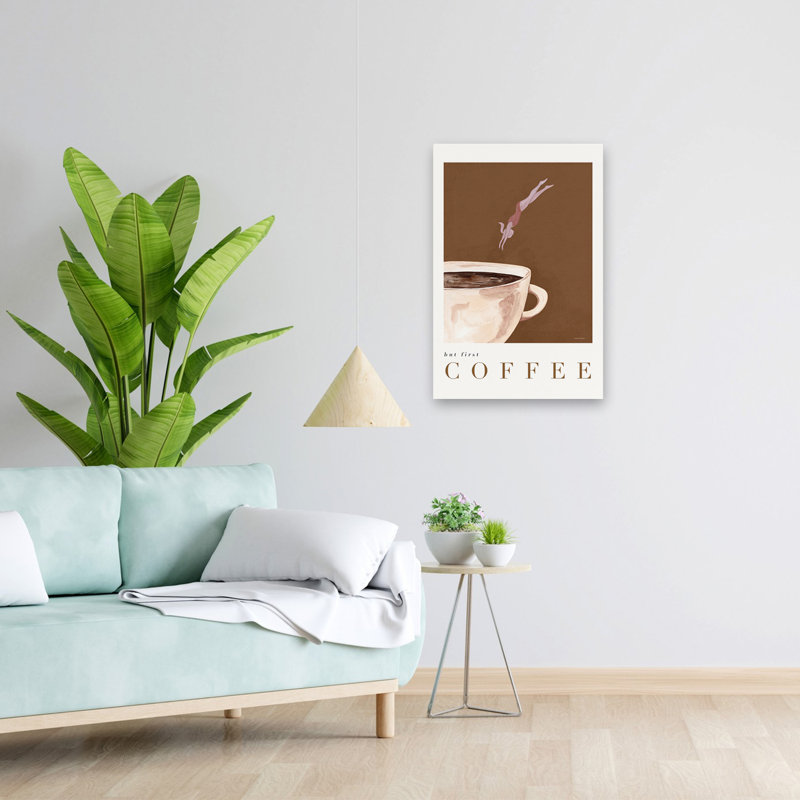 But But Coffee - Illustration de café contemporain plongeant dans une tasse de café, art de fond brun, H 24 po x l 16 po