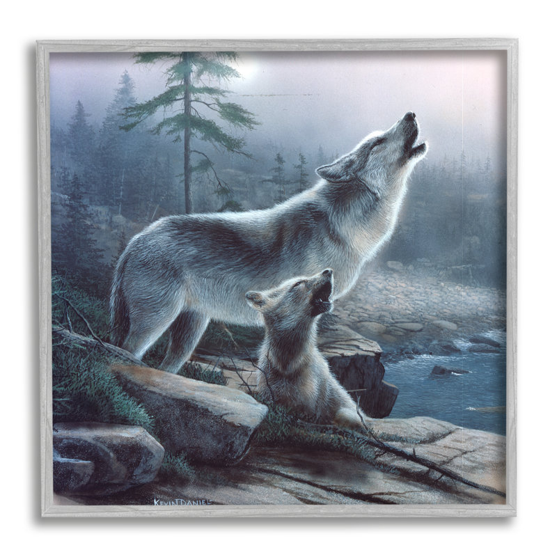 «Howling Wolf and Pup Landscape» par Kevin Daniel - Peinture, H 17 po x l 17 po x P 1,5 po