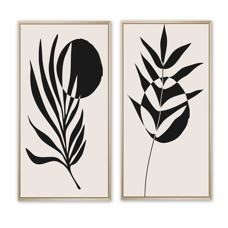 Minimalist Botanical Line with Palm Leaves II - ensemble de 2 peintures, H 20 po x l 24 po x P 1 po, Cadre brun