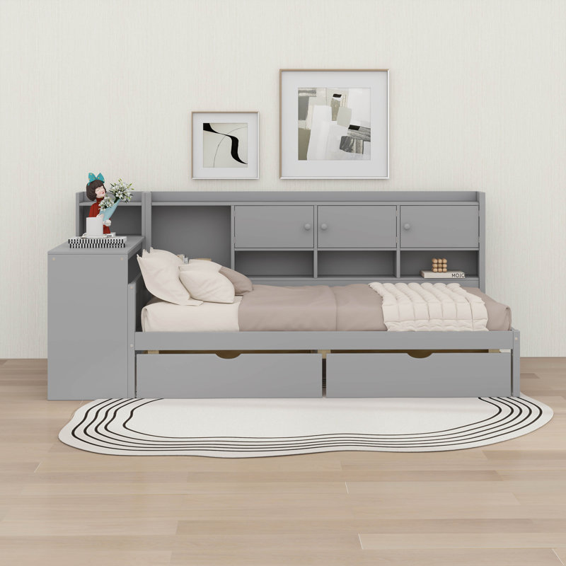 Wooden L-Shape Daybed With Cabinets & Drawers, Multi-Functional Study Desk & Built-In Bookshelf, Twin
