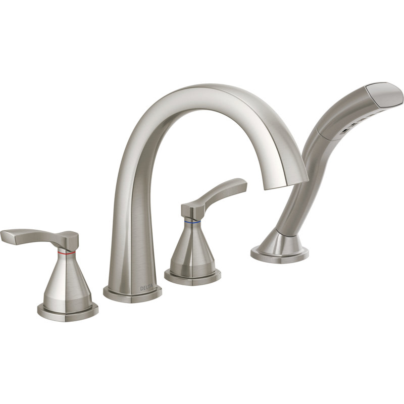 Stryke Double Handle Deck Mounted Roman Tub Faucet Trim, Stainless, With Handheld, Lever Handle