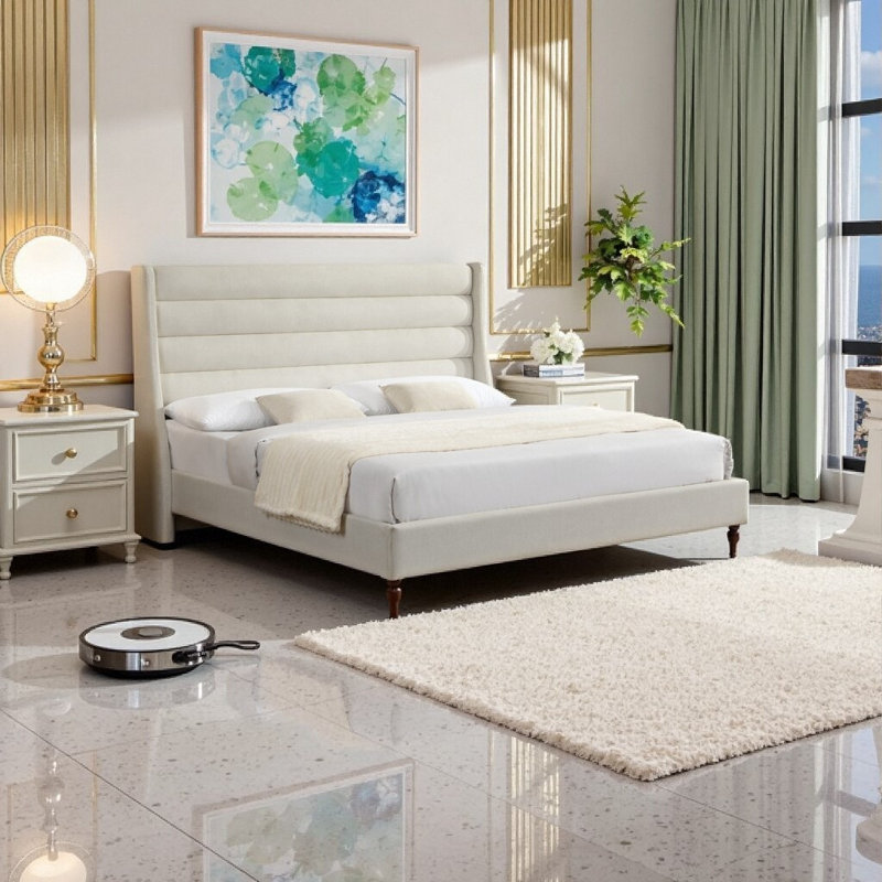 Très grande base de lit tapissier avec tête de lit Wave, tissu chenille ivoire de qualité supérieure, aucun sommier requis, assemblage facile