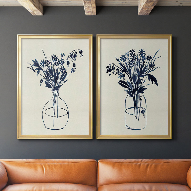 Indigo Floral Vase I - Ensemble de 2 reproductions de cadres photo sur toile, Or, H 36,5 po x l 53 po x P 1,25 po