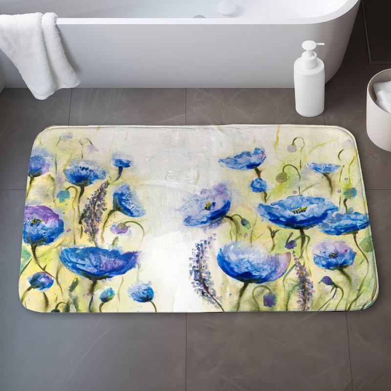 Blue garden Bath Mat with Non-Slip Backing - Quick Dry Memory Foam Bathroom Rug - Absorbent - Modern Plush Spa-Style - Machine Washable