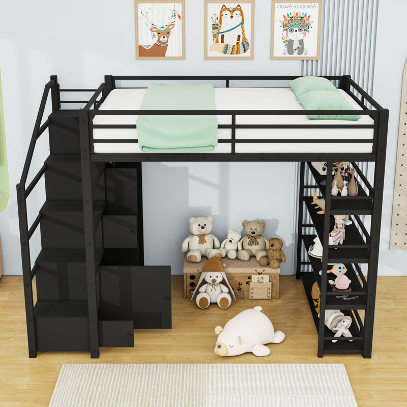 Lit mezzanine double avec garde-robe, tablettes, garde-corps et lattes