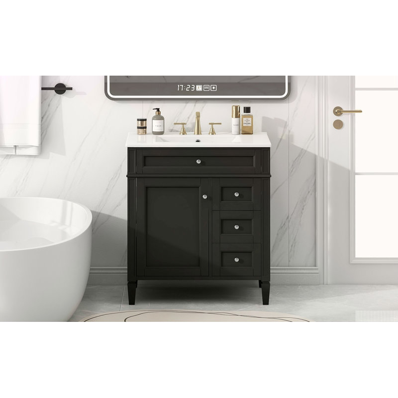 Meuble-lavabo de 30 po avec lavabo supérieur, meuble-lavabo moderne avec 2 tiroirs et tiroir escamotable, meuble-lavabo simple