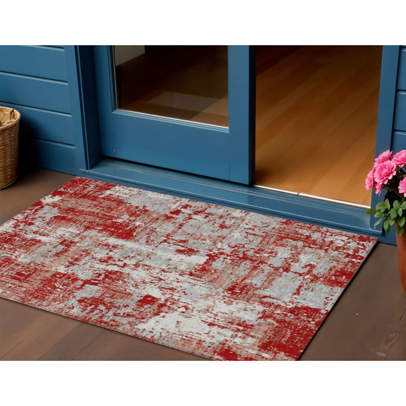 Tapis d'extérieur lavable abstrait gris et ivoire 3 pi x 5 pi