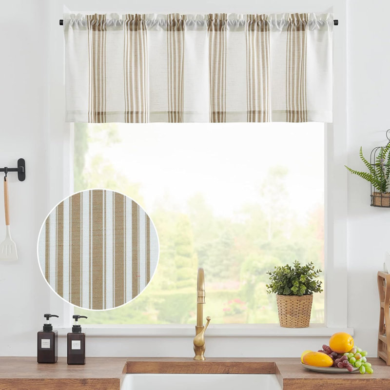 Striped Linen Valance Curtain 16 Inch Vertical Striped Valance For Kitchen Bathroom Light Filtering Window Treatment Rod Pocket Farmhouse Rustic Semi Sheer Short Window Curtain 1 Panel
