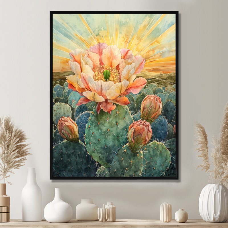 «Desert Bloom», art mural fleur de cactus, Hajeb, H 20 po x l 12 po, Cadre flottant noir