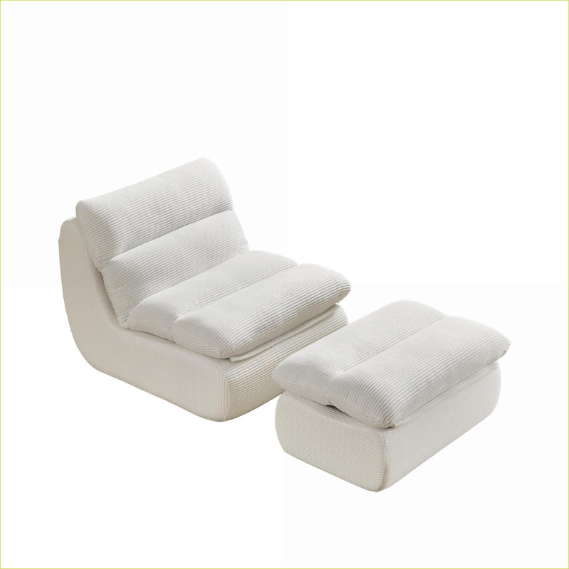 Méridienne avec repose-pieds | Fauteuil inclinable moderne en velours côtelé blanc cassé pour petits espaces, chambre à coucher | Velours côtelé | Standard