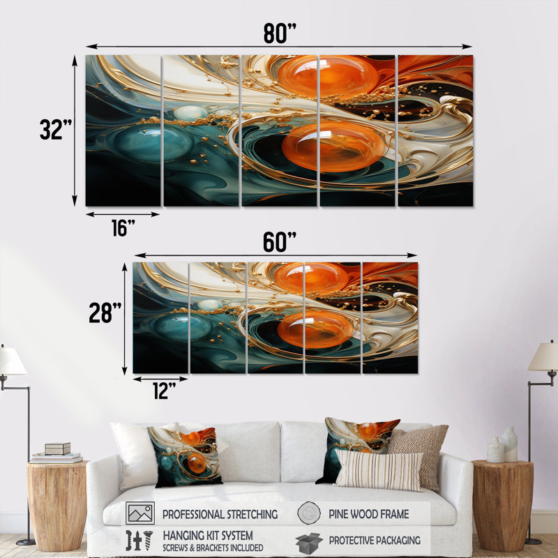 Planète vagues orange et or II - peinture abstraite, art mural 5 pièces, H 28 po x l 60 po