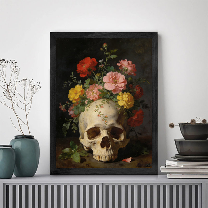 «Black», fleurs rétro encadrées de crânes humains, art mural foncé, impressions encadrées, H 25 po x l 17 po