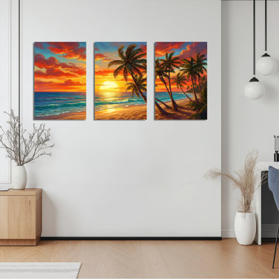 Tropical Sunset Beach Palm Trees Canvas Wrapped Wall Art Oil Painting Print Set Of 3