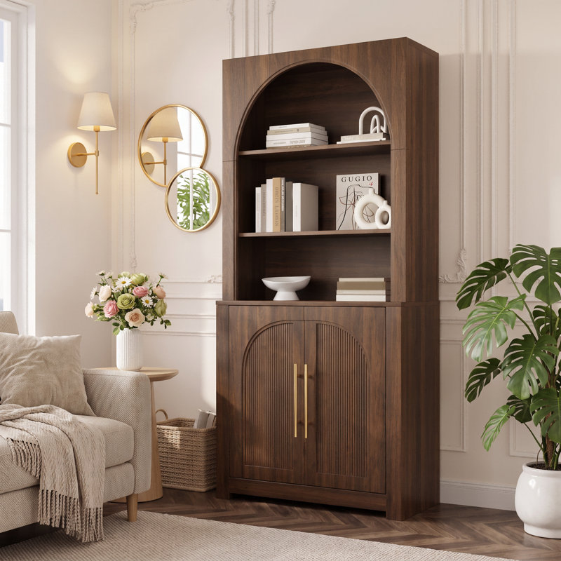 Bibliothèque en noyer de 70,87 pouces avec armoire de rangement à porte cintrée et étagères ouvertes, Walnut