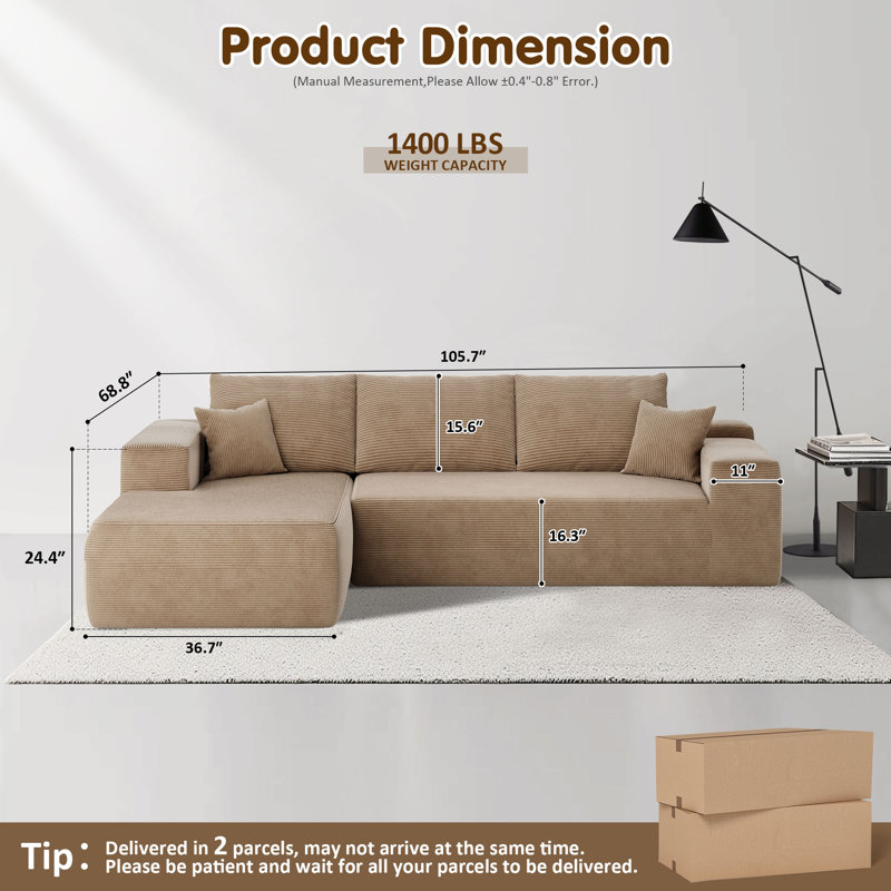 Canapé modulaire Nathasa 2 pièces sans assemblage avec compression, canapé désossé à revêtement libre avec méridienne en L, canapé modulaire à assise profonde pour le salon et la chambre à coucher