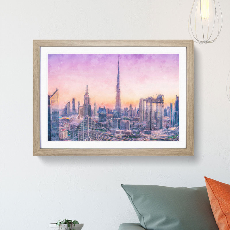Dubai Skyline - Picture Frame Graphic Art Print, Oak Framed, 33cm H x 45cm W x 2cm D