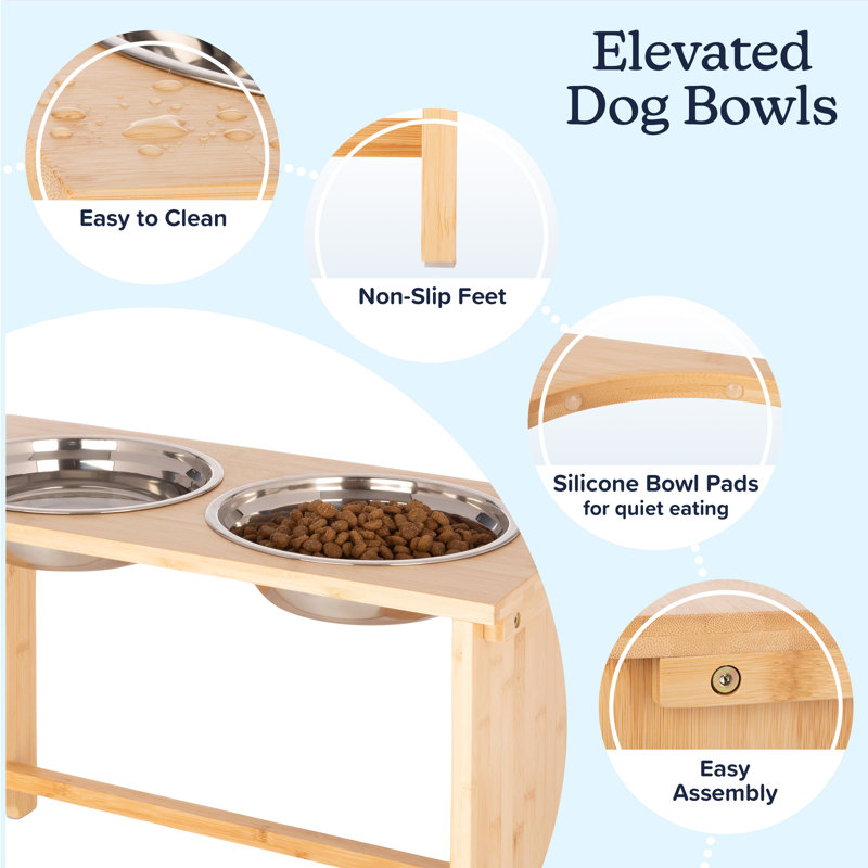 PETMAKER Elevated Dog Bowls with 15-Inch Nonslip Bamboo Stand - Pet Feeder with 2 Stainless-Steel Pet Bowls - Hold 60oz Each
