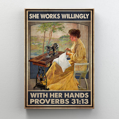 Girl Near Sewing Machine - She Works Willingly - 1 Piece Rectangle Graphic Art Print On Wrapped Canvas