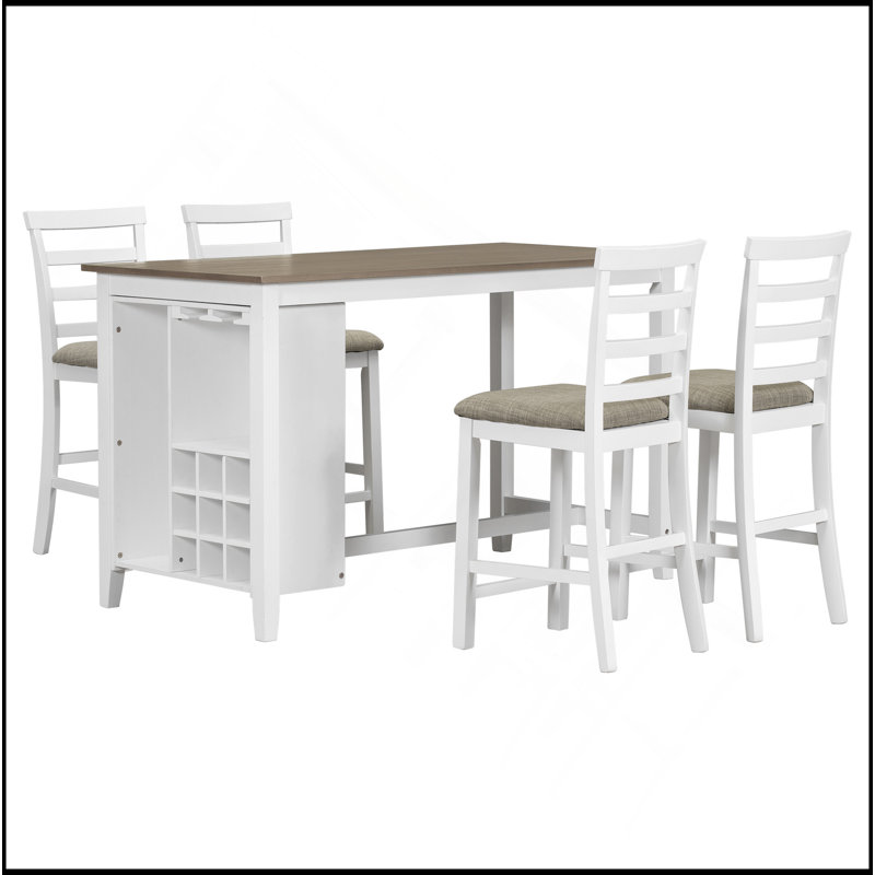 Ensemble de salle à manger 5 pièces à hauteur de comptoir en bois d'hévéa multifonctionnel avec chaises rembourrées et compartiment à vin intégré à 9 bars, porte-verres à vin pour la salle à manger