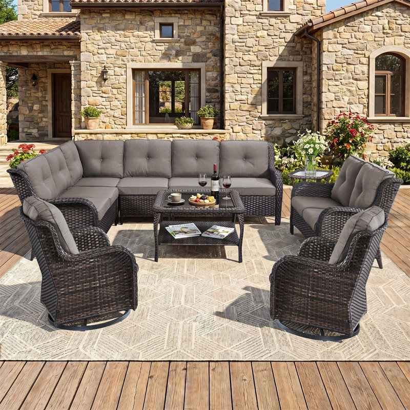 Ensemble de mobilier de jardin en résine tressée de 6 pièces avec causeuse, idéal pour les réunions de famille., Gris