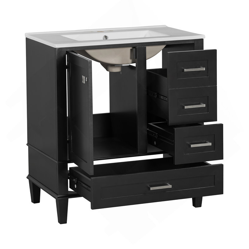 Ensemble de meuble-lavabo moderne avec lavabo 30 po, meuble-lavabo moderne avec porte à fermeture douce et 3 tiroirs, structure en bois massif (noir)