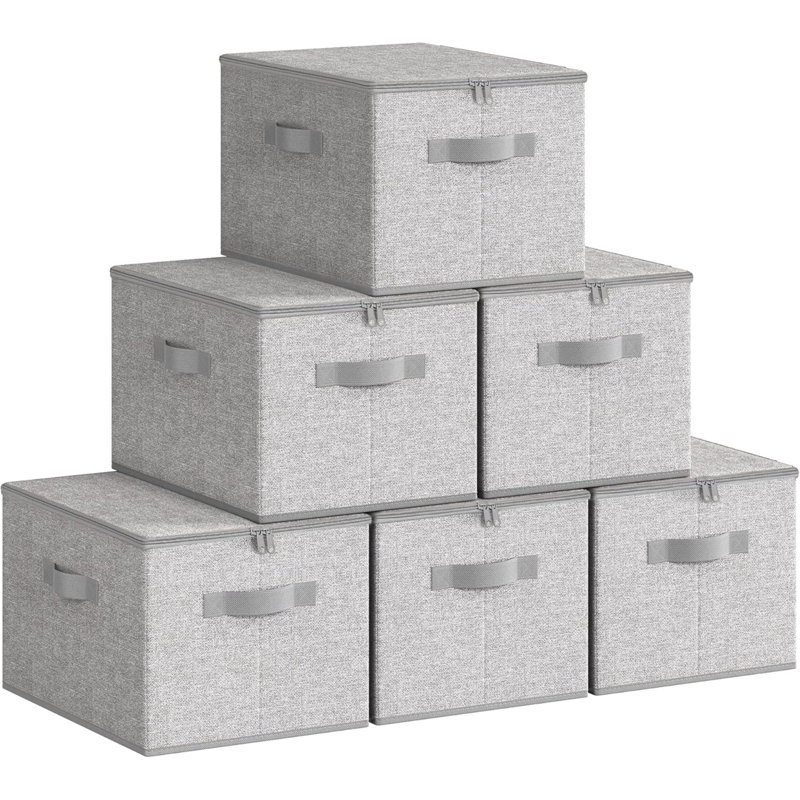 Foldable Storage Organiser Boxes, Set Of 6 Storage Basket Bins With Lids, Handles, Clothes Organiser, 40 X 30 X 25 Cm, Non-Woven Fabric