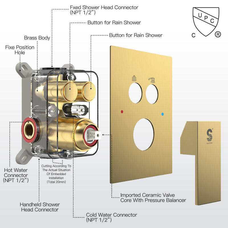 Push Button Shower System, Gold