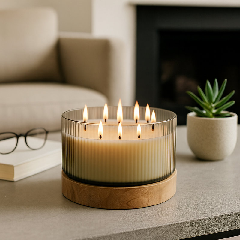 Decorative Ribbed Glass Wood Sage & Sea Salt Scented Candle for Bookshelf - Modern Relaxing Accent for Living Room or Bedroom Decor- 12", Ivory & Tan