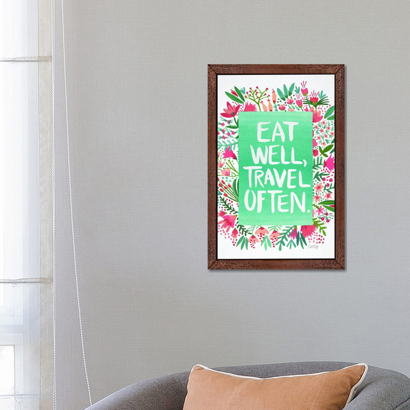 Eat Travel White by Cat Coquillette - Floater Frame Painting on Canvas, 101.6 cm H x 66.04 cm W, Brown