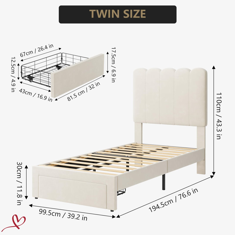 Twin Platform Bed Frame Velvet/Lambswool Upholstered Twin Size Bed Frame with Wave Headboard and Under-Bed Drawer No Box Spring Needed